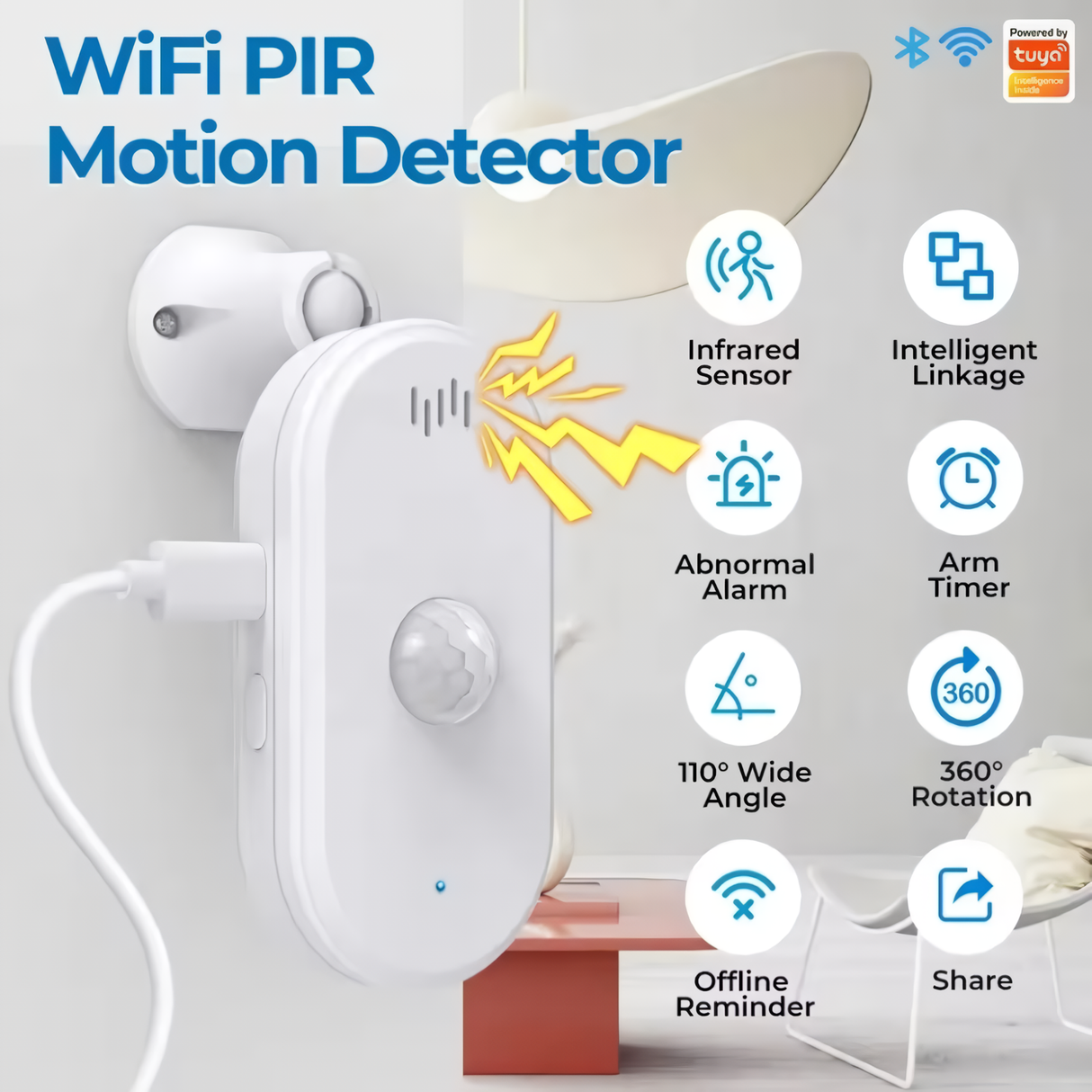 Crow Alert™ Smart WiFi 110° PIR Motion Detector Intruder Alarm 80dB