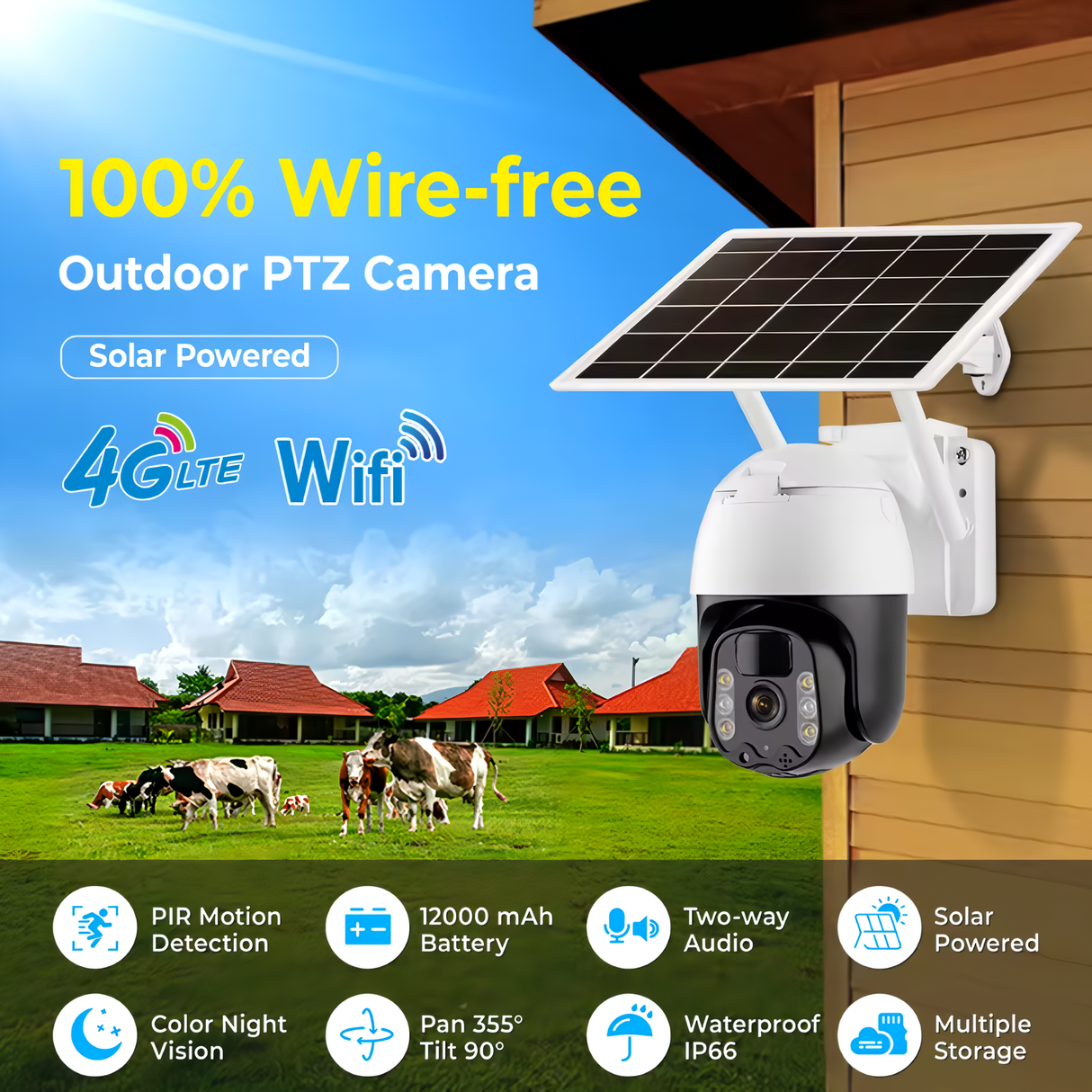 SpyWfi™ Solar PTZ Auto Tracking Night Vision Security Camera 2K UHD WiFi