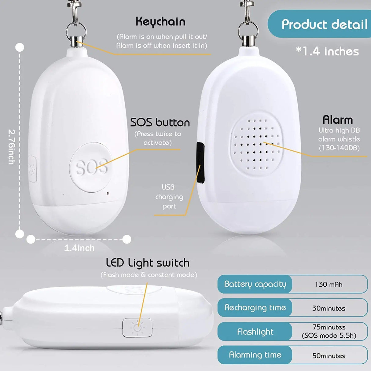 WeaponTek™ Rechargeable SOS LED Personal Panic Alarm 130dB